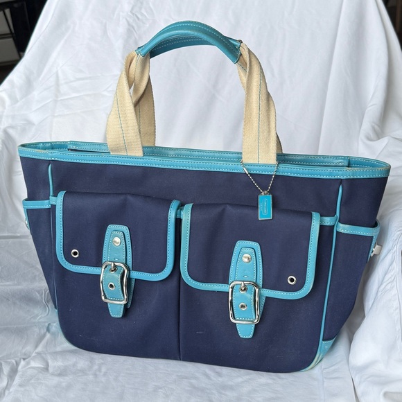 Coach Hampton Twill Garden Tote Bag Deep Marine Navy Blue - Picture 1 of 14